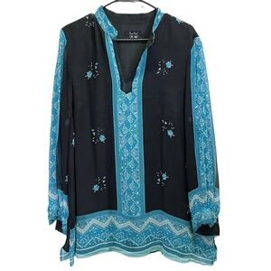 ECI New York Silk Artsy Beaded Top Tunic Blue/Black‎ Womens Long Sleeve Size 1X